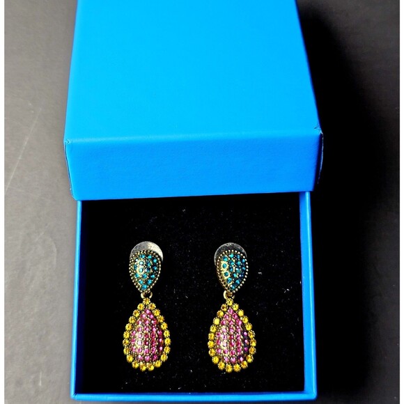 HEIDI DAUS Big Pretty Earrings Multicolor Crystal Drop 1.6" Gold Tone NEW HTF! - Picture 4 of 6